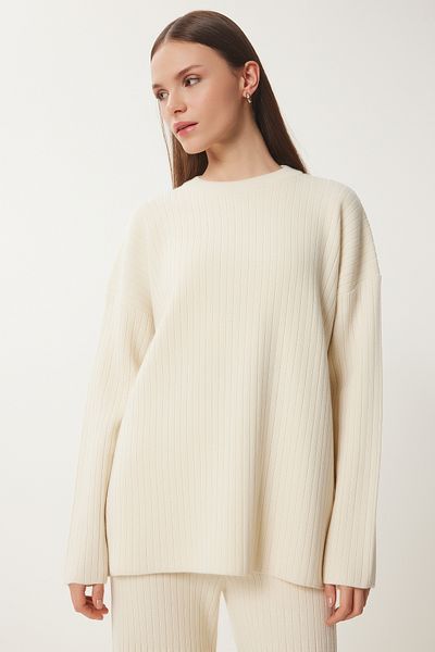Happiness İstanbul Women's Bone Ribbed Knitwear Sweater Pants Suit Pf00104