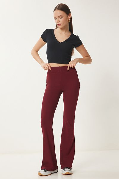 Happiness İstanbul Burgunderrote Strick-Leggings mit hoher Taille und spanischem Bein für Damen XR00021