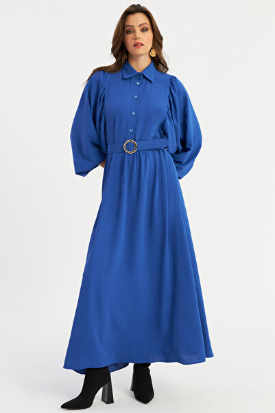 Cool & Modest Rochie maxi de damă cu centură albastră - MASF15