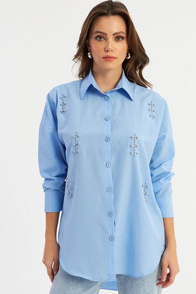 Cool & Modest Blaues, mit Nieten besetztes Damenhemd – MASF1