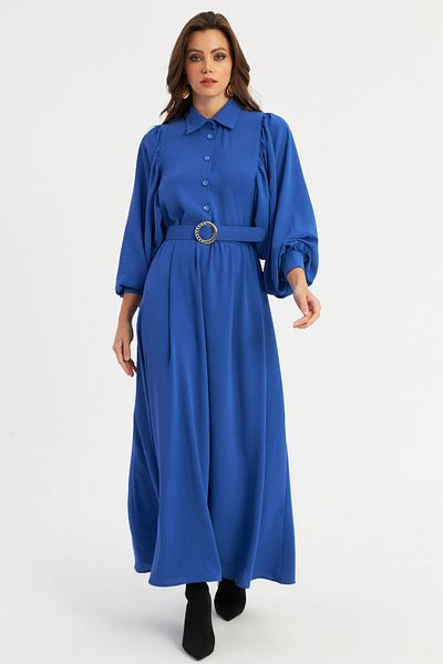 Cool & Modest Rochie maxi de damă cu centură albastră - MASF15