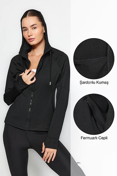 Trendyol Collection Schwarze Strick-Sportjacke für den Winter – mit Daumenlöchern, Raster, warm THMAW24SW00011