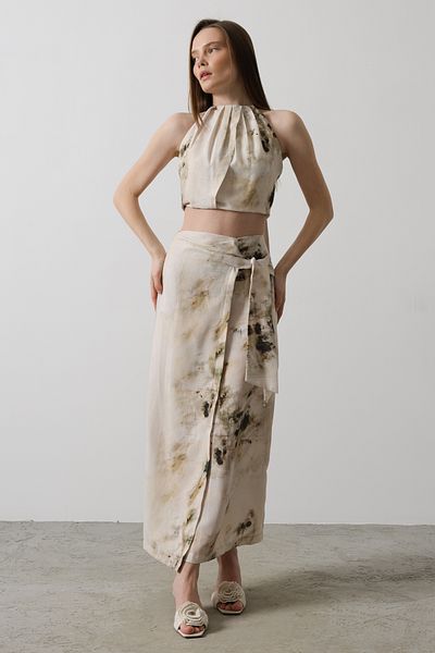 Trendyol Collection Beigefarbener, gewebter Wickel-Midi-Rock mit Batikmuster TWOSS25ET00052