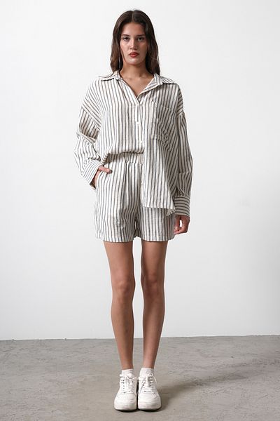 Trendyol Collection Beige Elastic Waist Striped Muslin Shorts Bermuda Twoss25Sr00039