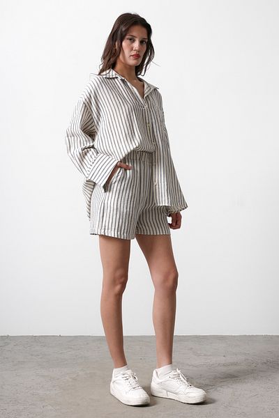 Trendyol Collection Beige Elastic Waist Striped Muslin Shorts Bermuda Twoss25Sr00039