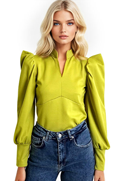 Trend Alaçatı Stili Bluză crop țesătă cu mâneci prințesă, verde ulei, pentru femei ALC-X9659