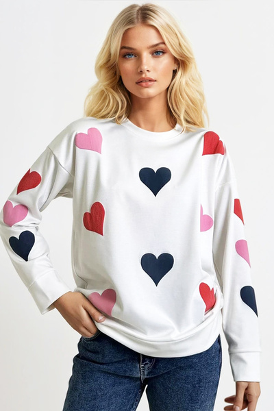 Trend Alaçatı Stili Ecru Color Oversize mikina – Crew Neck, Heart Print, 2 Thread Alc-X13314