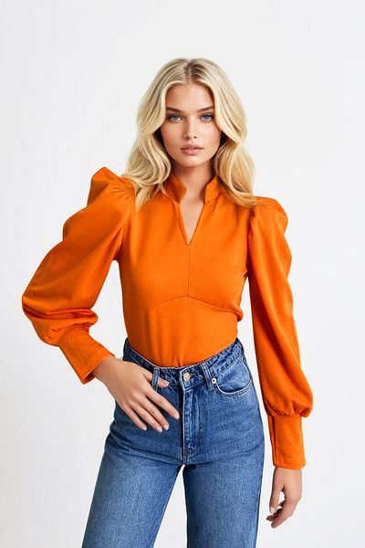 Trend Alaçatı Stili Orangefarbene, gewebte Crop-Bluse mit Stehkragen und Prinzessinnenärmeln für Damen ALC-X9659