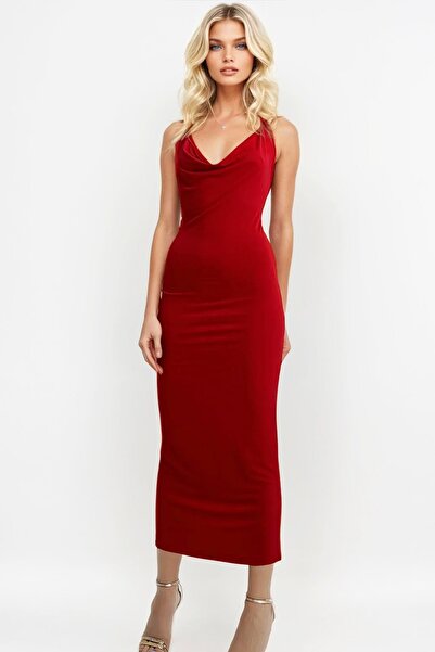 Trend Alaçatı Stili Rotes, langes Sandy-Kleid mit tiefem Rückenausschnitt für Damen ALC-X13323
