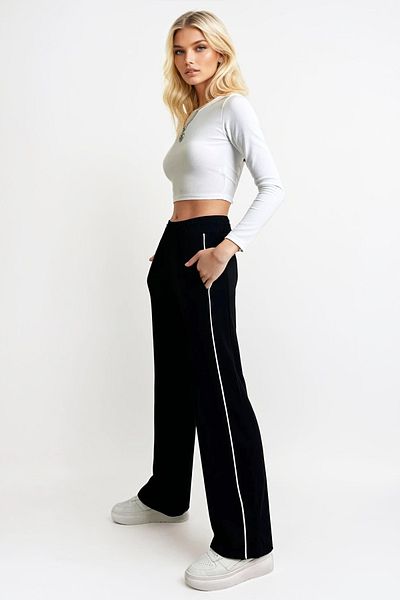 Trend Alaçatı Stili Pantaloni retro de damă, negri, cu dungi laterale, cu buzunare duble în față ALC-X12493