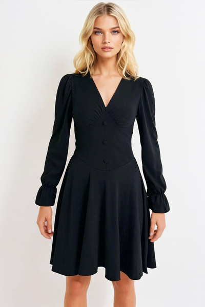 Trend Alaçatı Stili Kadın Siyah V Yaka Prenses Kol Düğme Detaylı Mini Elbise ALC-X13309