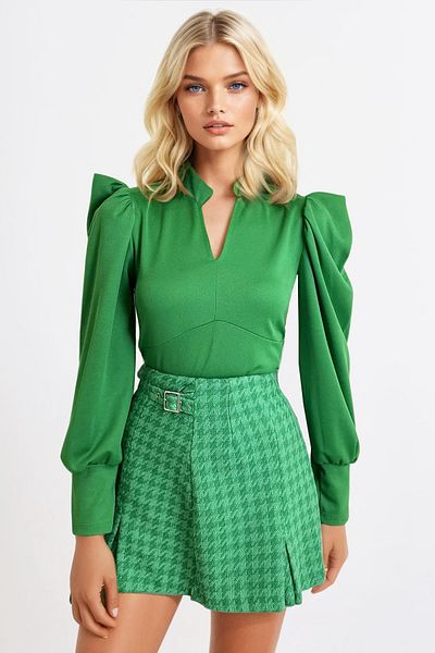 Trend Alaçatı Stili Bluză crop țesută cu mâneci prințesă cu guler verde pentru femei ALC-X9659