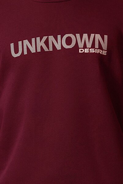 Edit by Trendyol Бордовий флісовий світшот з горловиною з принтом TEDAW25SW00083