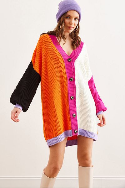 Olalook Women's Orange Color Blocked Oversize Long Knitwear Cardigan Hrk- 19000265