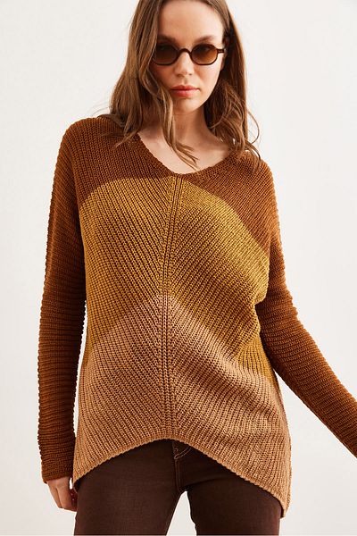 Olalook Tan and Camel Colorblocked Women's Knitwear Sweater - Kzk- 19000920