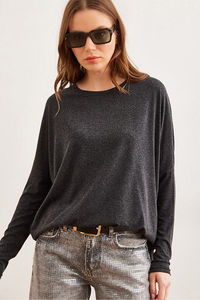 Olalook Schwarze Fledermaus-Wollviskose-Bluse mit Rundhalsausschnitt für Damen BLZ- 19002801