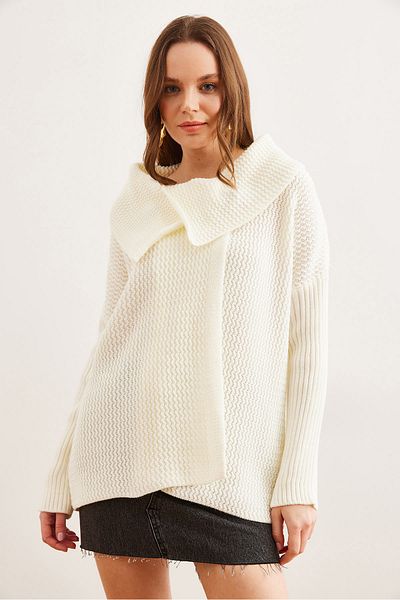 Olalook Women's Ecru Wrap Collar Buttoned Knitwear Cardigan Hrk- 19000326