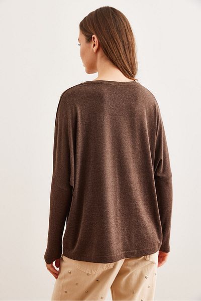 Olalook Women's Brown Crew Neck Bat Wool Viscose Blouse Blz- 19002801