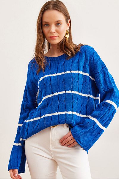 Olalook Saks Blue Hair Braided Striped Knitwear Women's Sweater - Kzk- 19000919