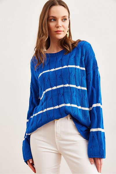 Olalook Saks Blue Hair Braided Striped Knitwear Women's Sweater - Kzk- 19000919