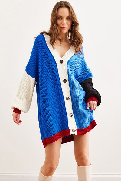 Olalook Damen Saks Blau Farbblock Oversize Lange Strickjacke HRK- 19000265