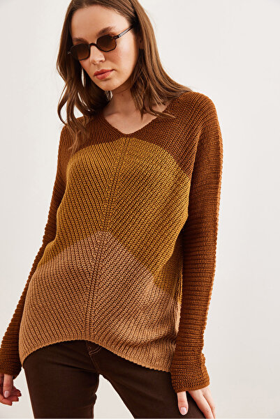 Olalook Tan and Camel Colorblocked Women's Knitwear Sweater - Kzk- 19000920