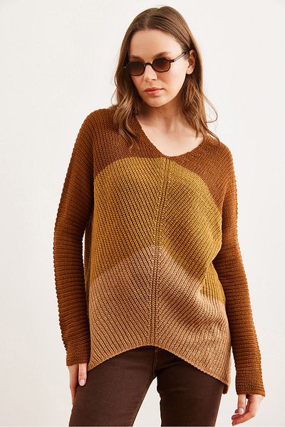 Olalook Tan and Camel Colorblocked Women's Knitwear Sweater - Kzk- 19000920