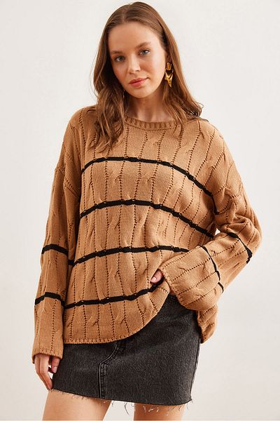 Olalook Women's Camel Hair Braided Line Detailed Knitwear Sweater Kzk- 19000919