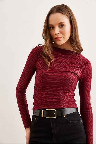 Olalook Bluză de damă Zebra Burgundy cu gât barcă și nisip BLZ- 19002803