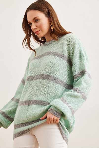 Olalook Women's Ice Blue Striped Crew Neck Knitwear Sweater Kzk- 19000916