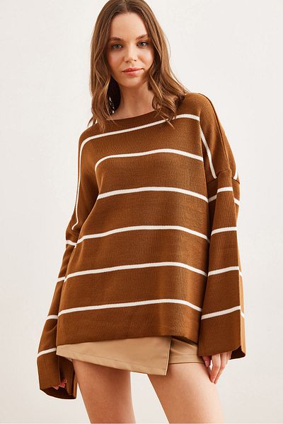 Olalook Women's Tan Boat Neck Striped Loose Knitwear Sweater Kzk- 19000921