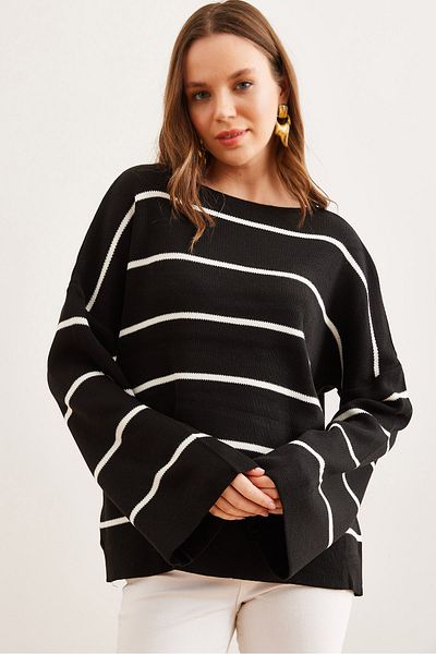 Olalook Pulover de damă, negru, cu dungi, cu gât de barcă, KZK- 19000921
