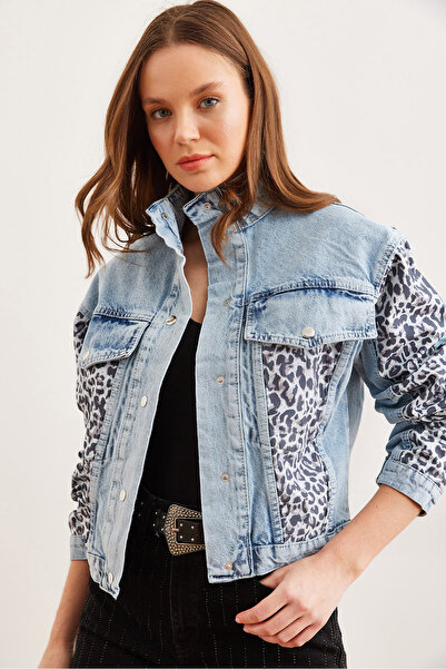 Olalook Dámský modrý obal na kapsy Leopard Detail Premium džínová bunda Ckt- 19000414