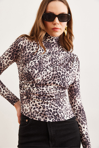 Olalook Women's Ecru Leopard Drape Detailed Flowy Stylish Blouse Blz- 19002712