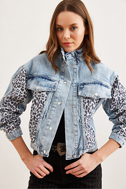 Olalook Dámský modrý obal na kapsy Leopard Detail Premium džínová bunda Ckt- 19000414