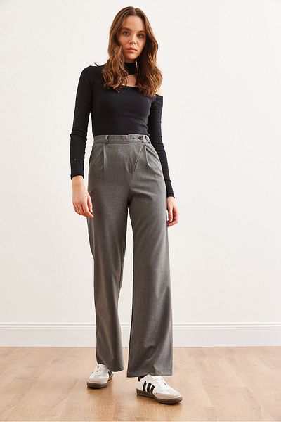 Olalook Women's Dark Gray Waist Detailed Wide Leg Pants with Pockets Pnt- 19000308