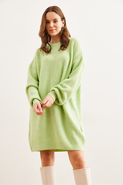 Olalook Γυναικείο Aqua Green Crew λαιμόκοψη μανίκι μπαλόνι με απαλή υφή πλεκτό φόρεμα ELB- 19001802