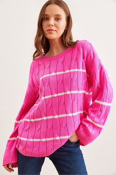 Olalook Pulover de damă cu păr fucsia împletit cu dungi KZK- 19000919