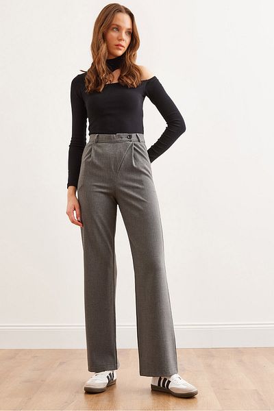 Olalook Women's Dark Gray Waist Detailed Wide Leg Pants with Pockets Pnt- 19000308