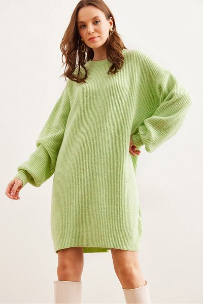 Olalook Γυναικείο Aqua Green Crew λαιμόκοψη μανίκι μπαλόνι με απαλή υφή πλεκτό φόρεμα ELB- 19001802