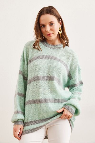 Olalook Pulover de damă, albastru gheață, cu dungi, cu gâtul turn, KZK- 19000916