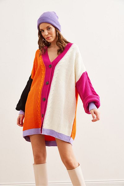 Olalook Women's Orange Color Blocked Oversize Long Knitwear Cardigan Hrk- 19000265