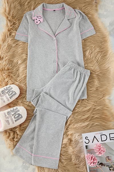 Trendyol Collection Grau Baumwolle Revers Lamm gedruckt Slim Fit gestrickte Pyjamas Set THMAW22PT0704