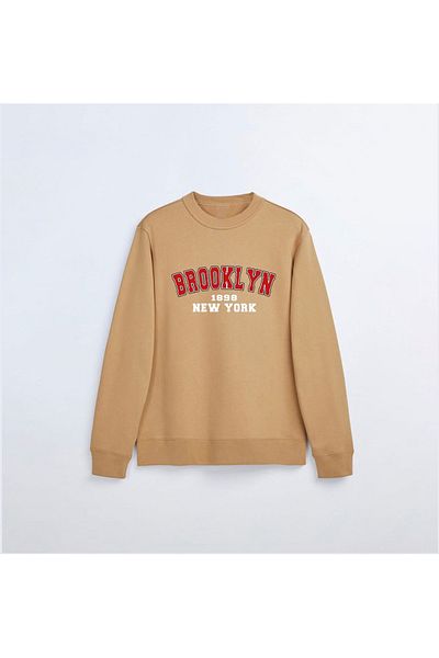 Elvino Μπεζ φούτερ με στάμπα Brooklyn Oversize Crew Neck με 3 κλωστές