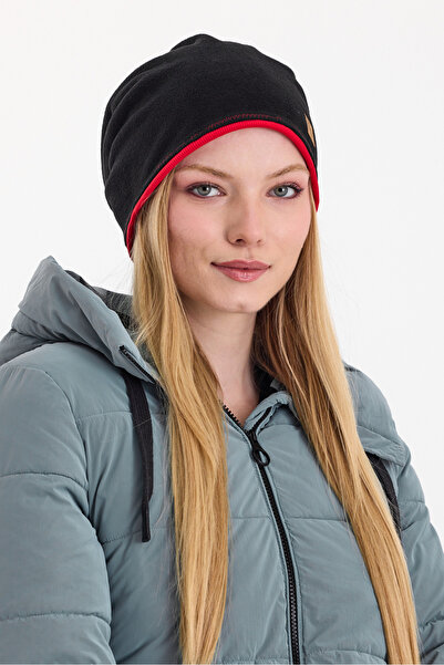 Butikgiz Kadın Siyah Polar Dış,Kırmızı Pamuklu Iç Kısım, Çift Renk Çift Katmanlı Katlanabilir Yumuşak Bere