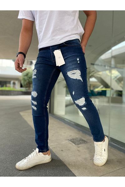 çerme Ανδρικό τζιν με σχισμένο Navy Blue Slimfit