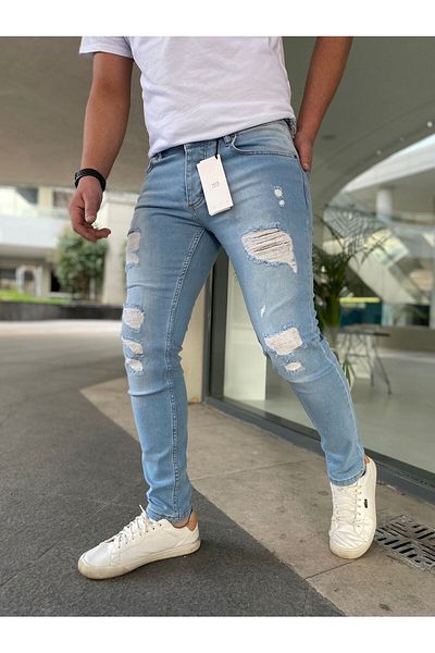 çerme Blugi Slimfit Ripped Ice Blue pentru bărbați