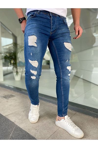 çerme Pánské slim roztrhané modré džíny