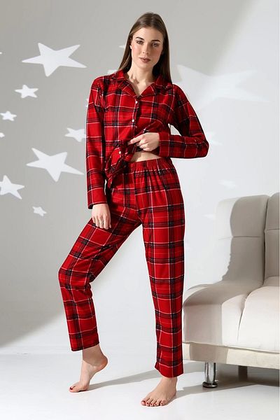 LadyMina Pijama هدية عيد الميلاد بدلة بيجامة منقوشة باللون الأحمر