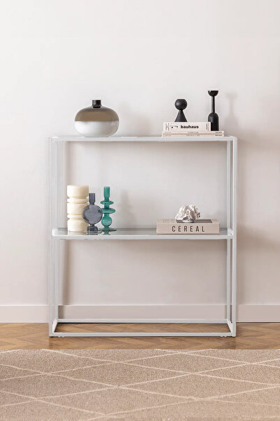 DEKOPRATİK Berra Camlı Metal Dresuar Dekoratif Raflı Kahve Köşesi Konsol - Beyaz